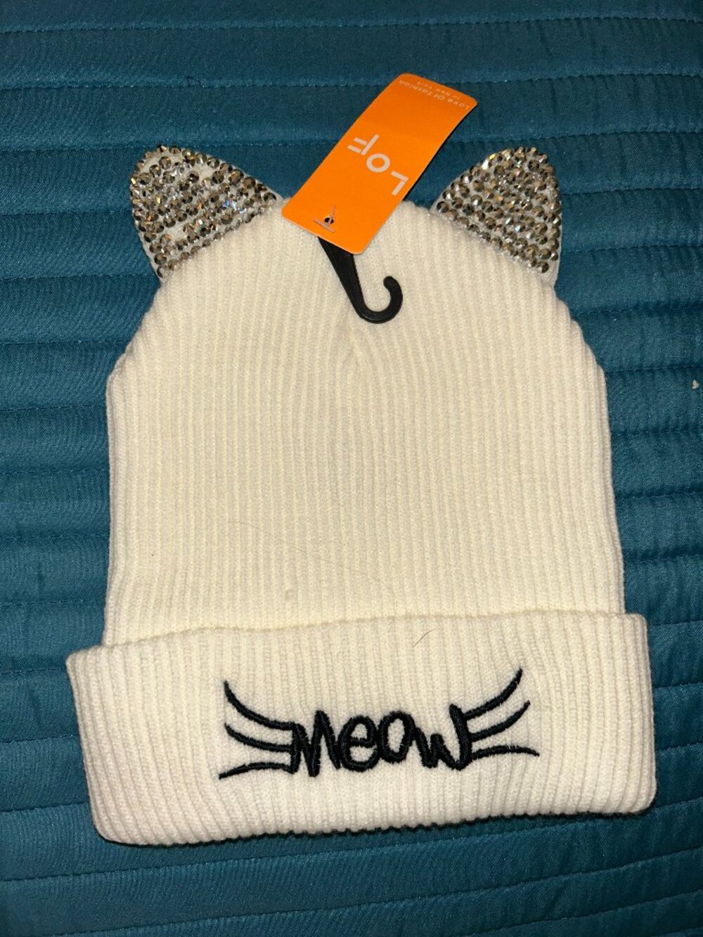 White Meow Cat Sparkle Beanie Hat NEW WITH TAGS